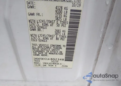 2020 Nissan Nv Cargo Nv2500 Hd Sv Standard Roof V8 from USA, damaged, VIN 1N6AF0KY2LN802348